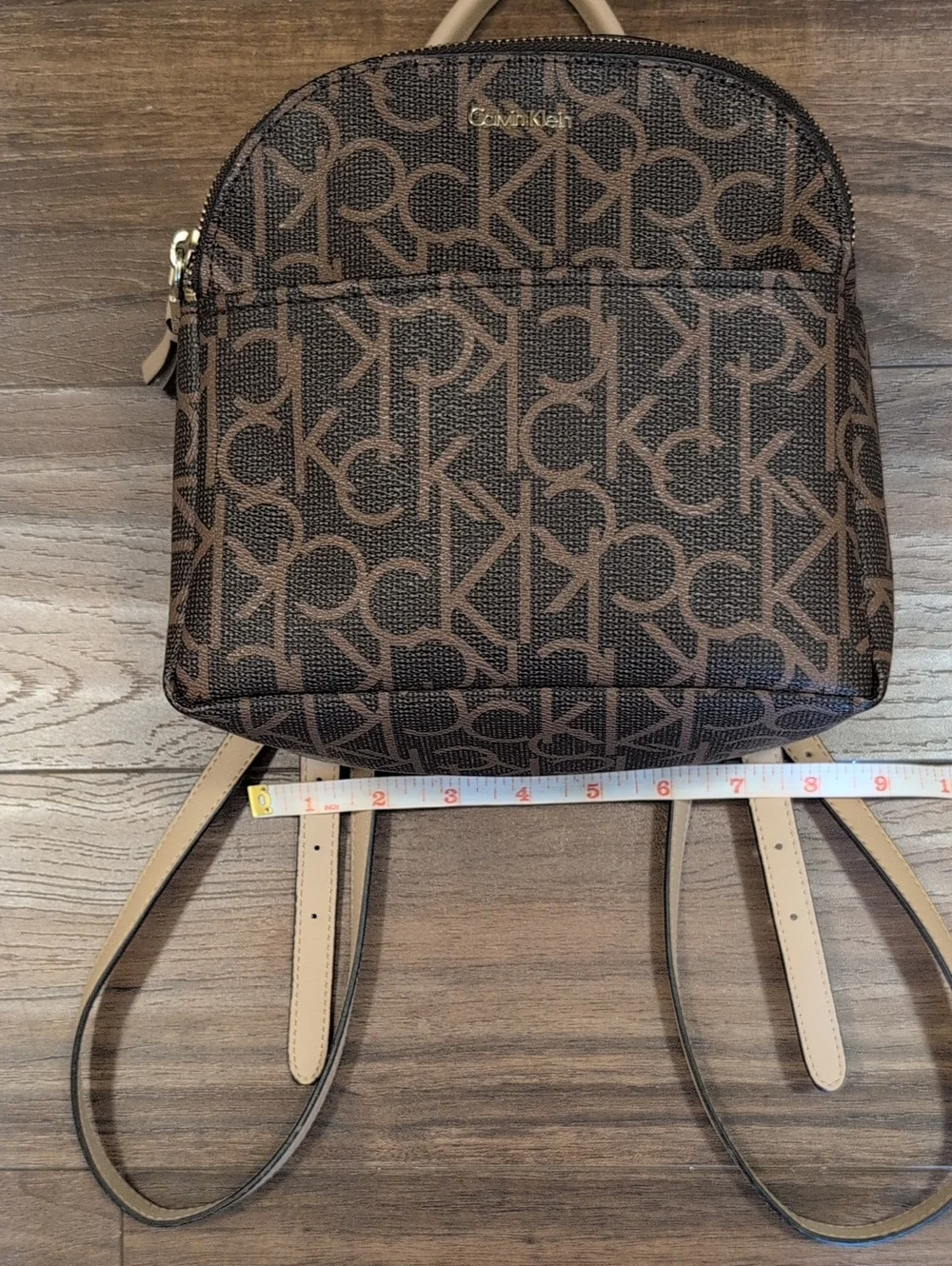 Calvin Klein Brown Monogram Mini Backpack with Tan Handle